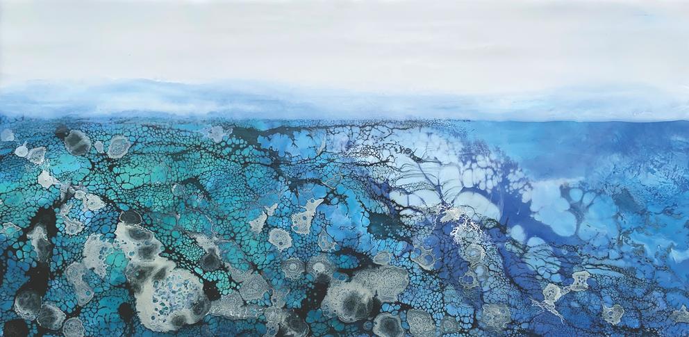 Abstract painting featuring blobs of color in green and blue tones, like cells under a microscope forming a seascape