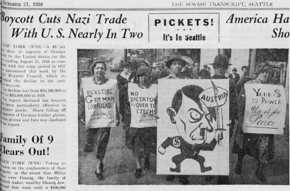 A newspaper clip from 1938 describes a boycott against Germany and displays a photo of people protesting against Hitler