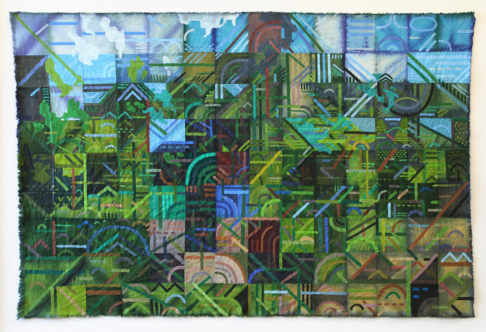 a green and blue painting that looks like a mosaic of a forest