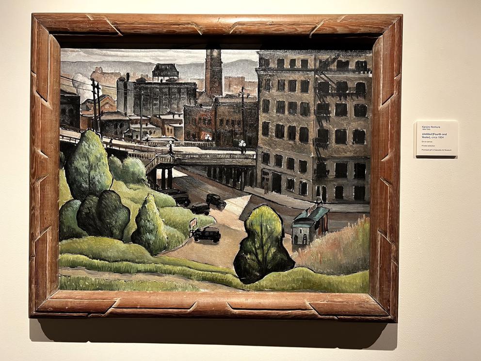 photo of a framed oil painting showing a historic view of Yesler Way