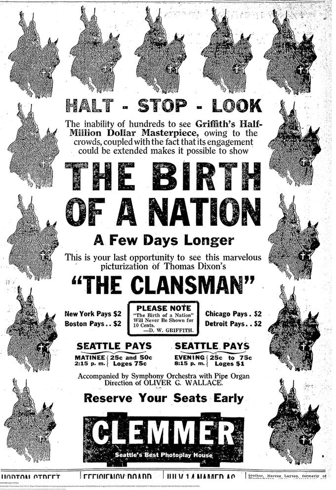 The Birth of the Nation ad in newspaper