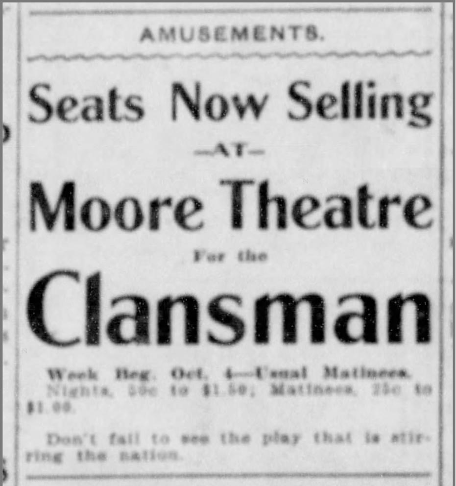 a newspaper ad reading "Clansman"