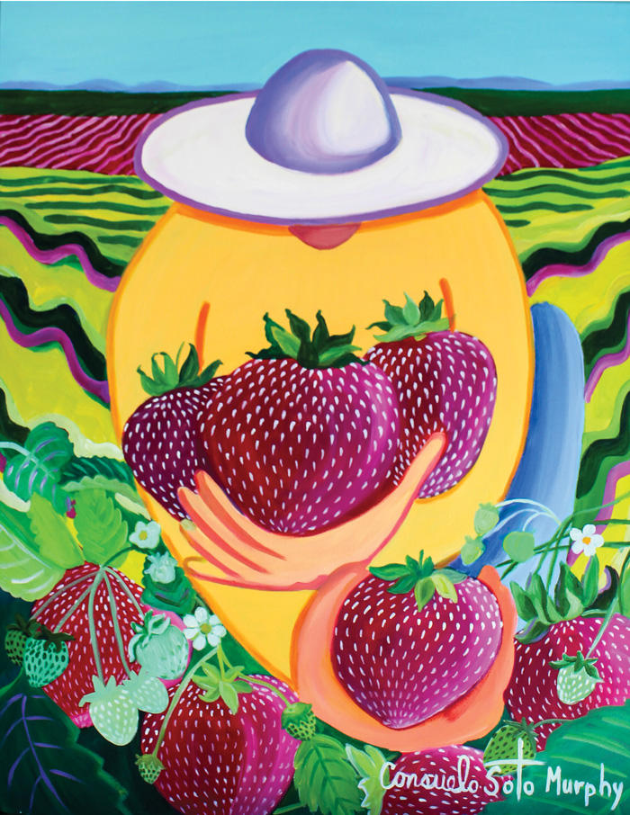 A painting of a farmworker holding an armful of giant strawberries