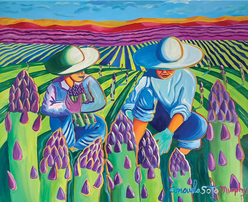 Painting of two farm workers harvesting asparagus