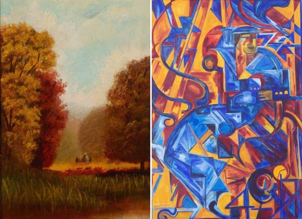 Two paintings side by side, one landscape and one abstract, geometric painting in blue and orange tones