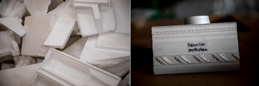 a split photograph of Styrofoam and a baseboard