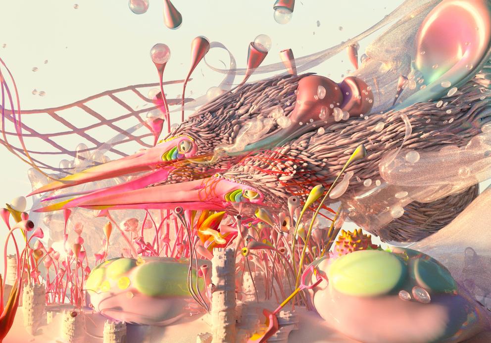3D rendering of a bird in a surreal scene