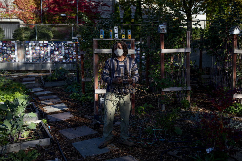 a man stands in dappled lighting in the middle of a community garden 