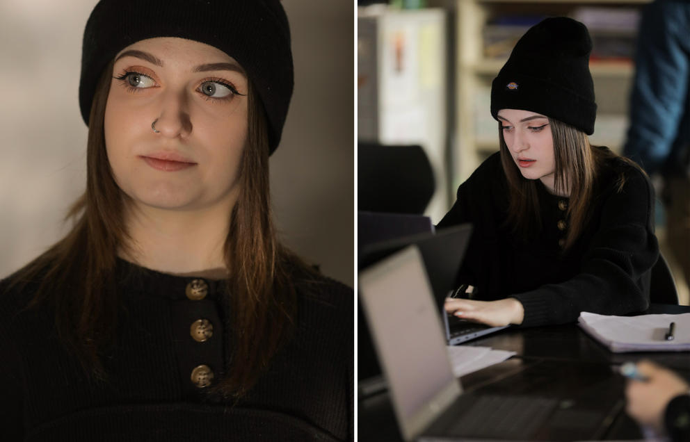 Left: A close up portrait of a girl wearing a black shirt and beanie. Right: The same girl works on a laptop in a classroom