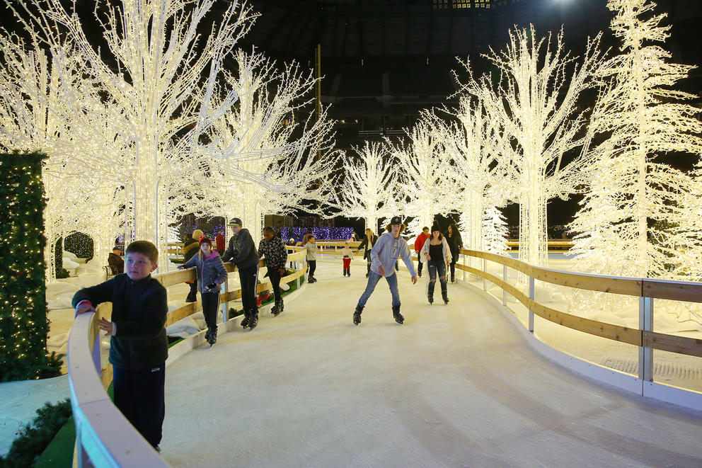 People ice skate down a frozen pathway flanked by Christmas light trees