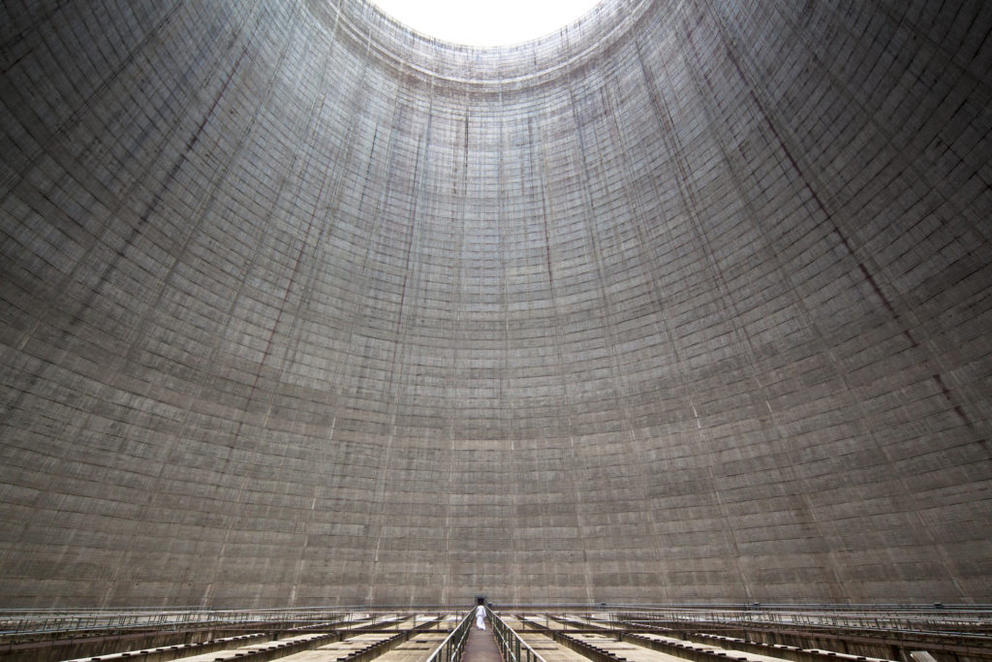 photo from inside a huge nuclear cooling tower