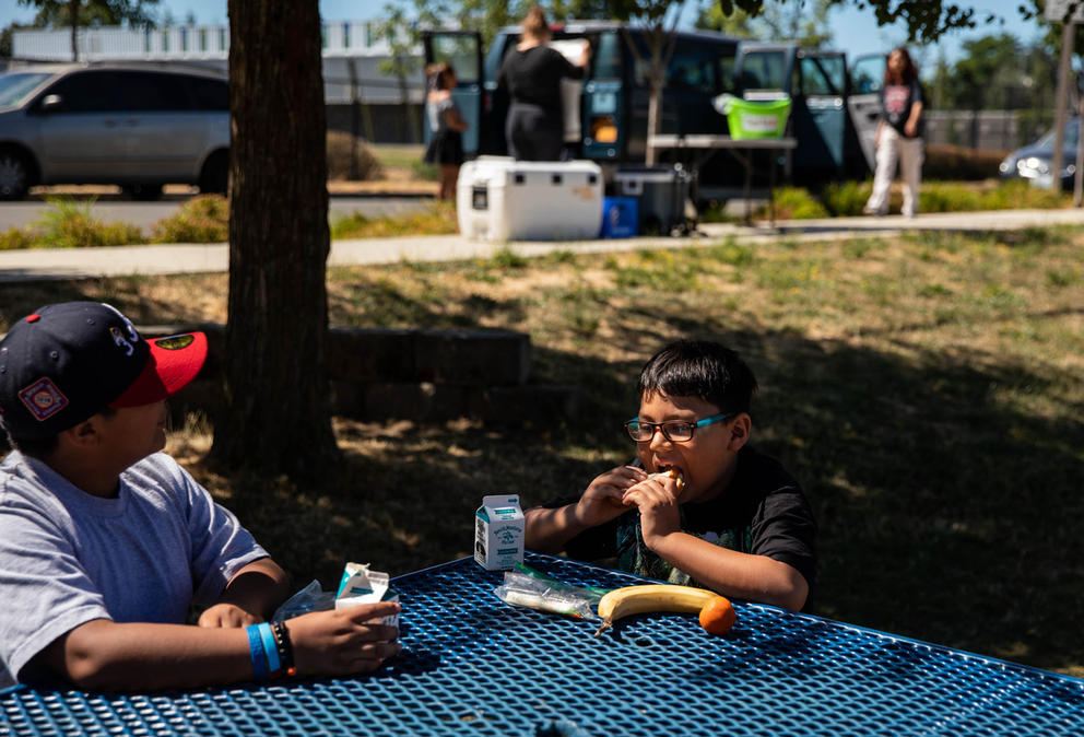 Two boys eat lunch at a picnic table in a park with a van in the background.