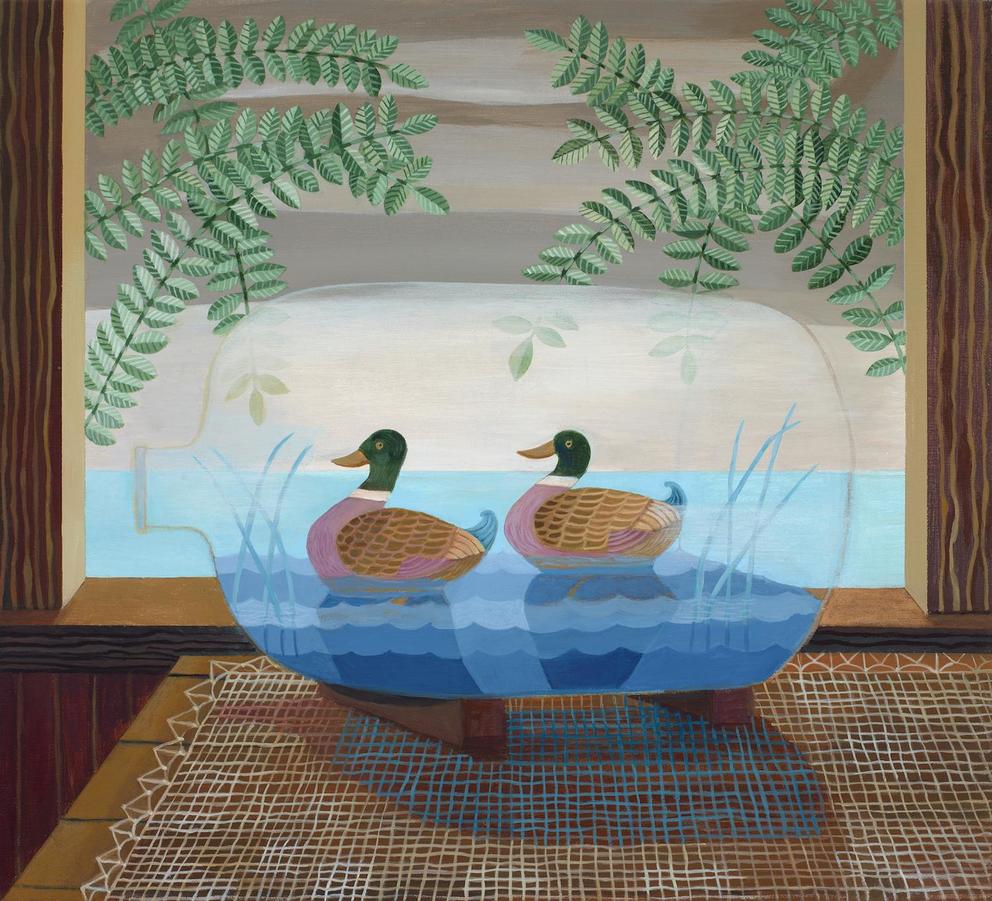 Painting of two ducks in a bottle filled with water on a table, green branches visible through window