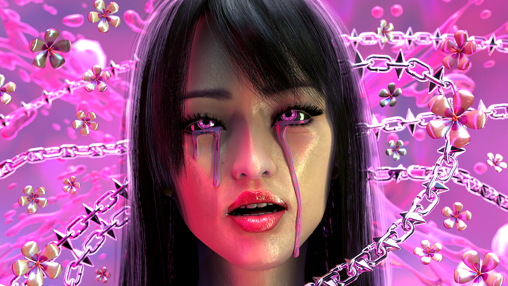 Close-up digital portrait of person with black hair on pick background, shedding purple tears