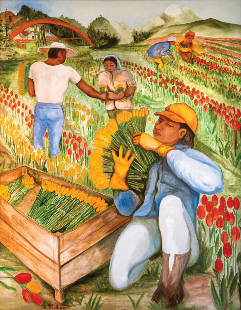 Painting of three farmworkers picking flowers in a field