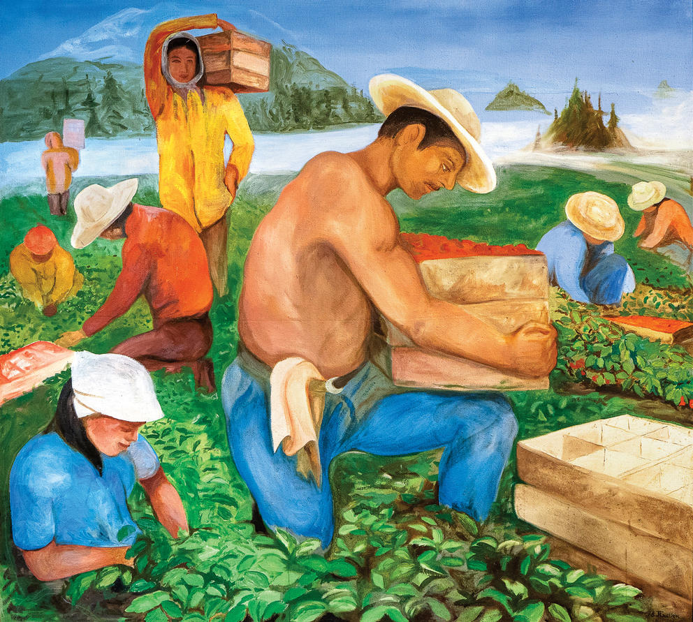 Painting of farmworkers picking strawberries