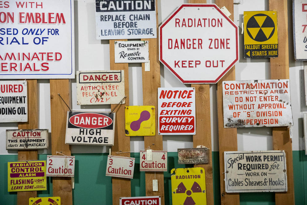 Historical hazardous signs shown at the B Reactor at the Hanford site