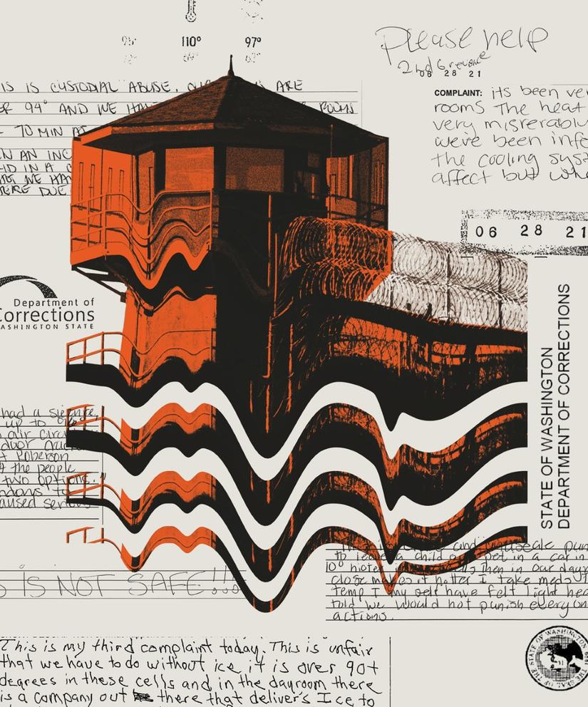 A collage of complaint letters from prison inmates about lack of resources amid excessive heat. A stylized prison watch tower sits at the center