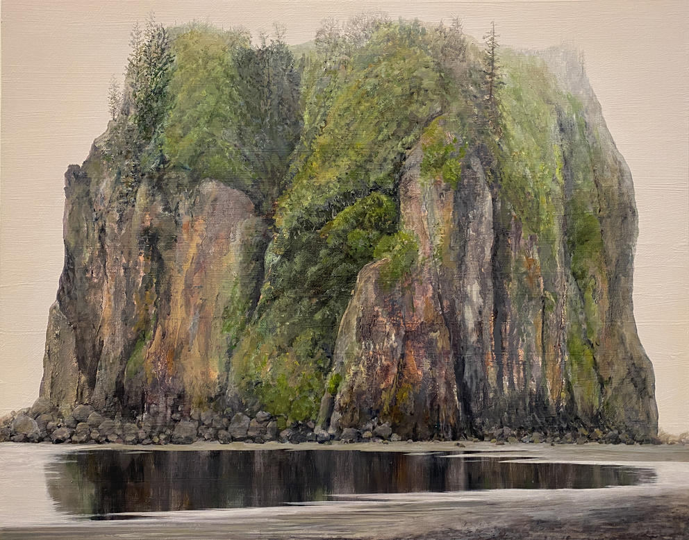 realistic painting of a large haystack rock formation on a beach