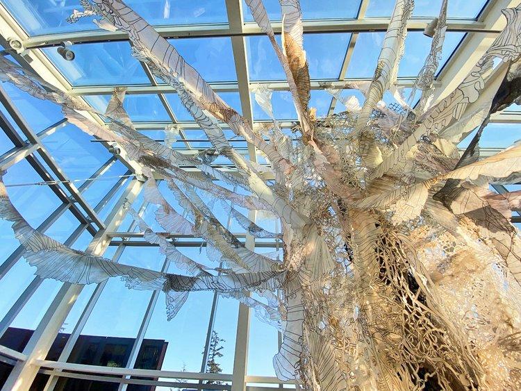 large sculpture in glass-filled atrium, translucent paper rolls hanging down from the ceiling giving the impression of a tree or a fungal network.