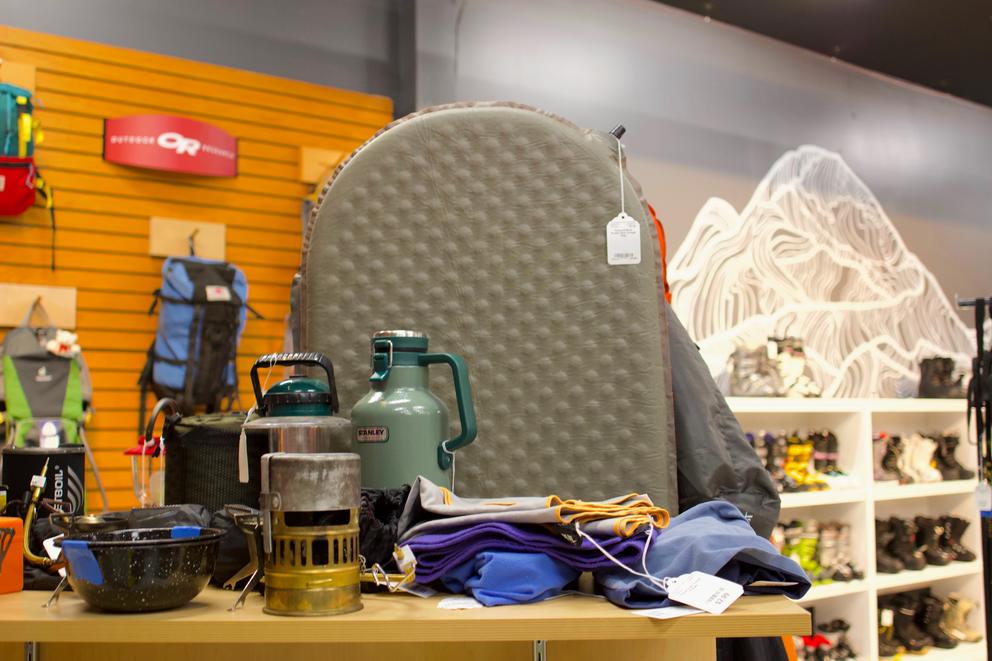A selection of used camping gear available at Wonderland Gear Exchange in Seattle's Ballard neighborhood. 