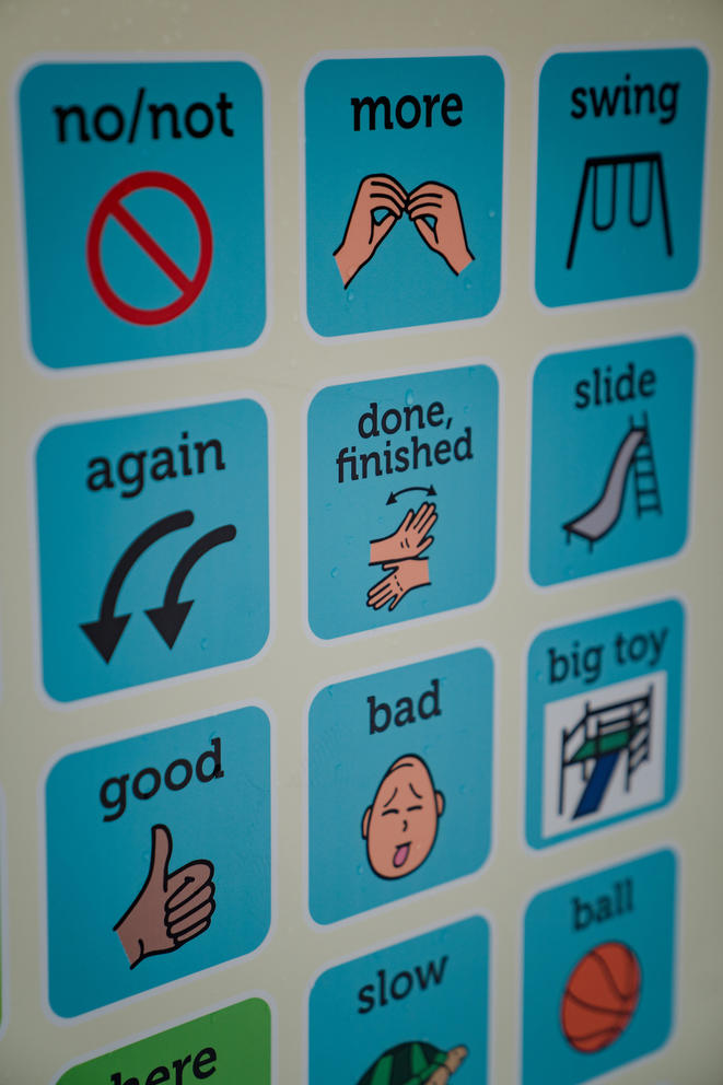 A sign displays tiles that have words and pictures, such as a picture of a swing, a circle with a slash through it and the word "no/not," and a thumbs up with the word "good."