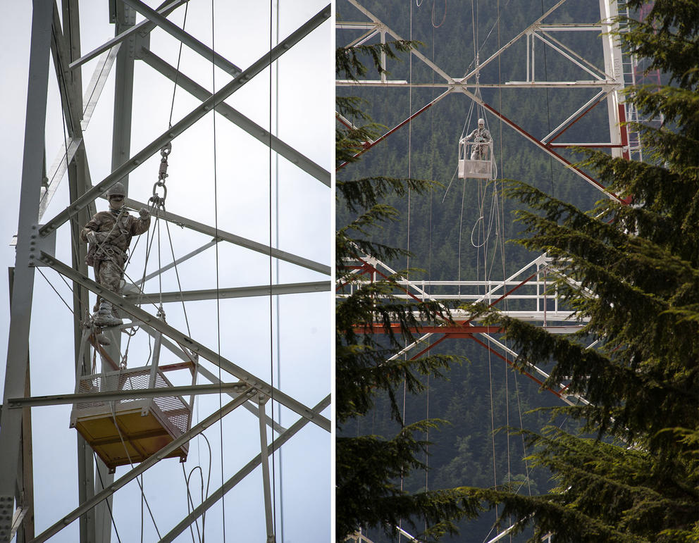 Two photos of workers conducting maintenance on steel structures