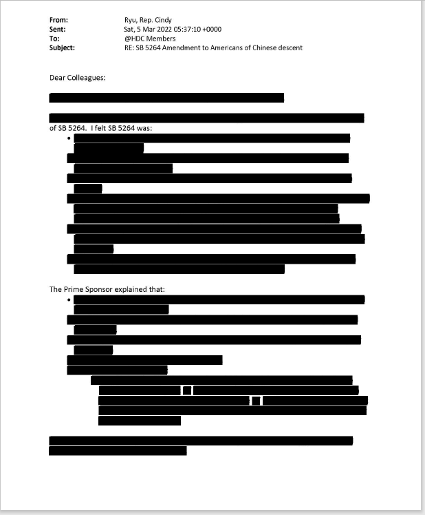 A picture of a redacted email sent to Democratic lawmakers on a bill to create a Chinese American history month.