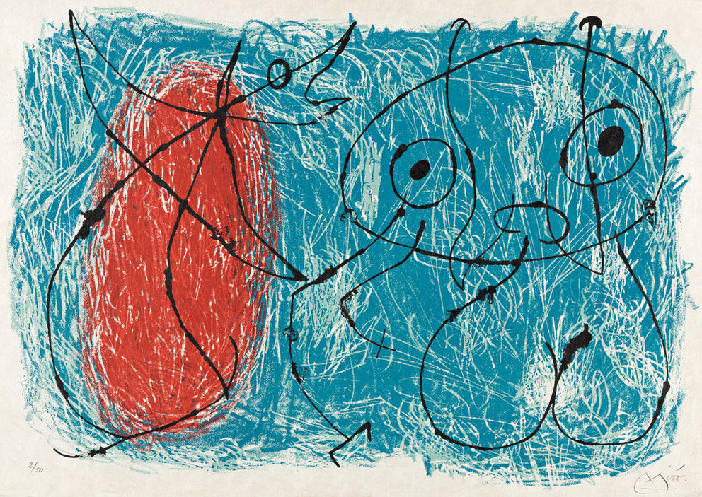 a painting with a blue background and red egg shape and black squiggles