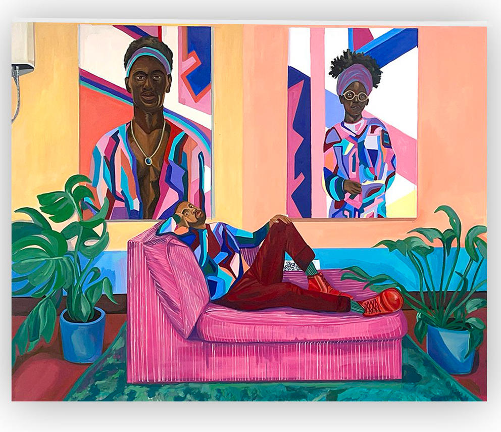 Person in painting reclines on hot pink couch, two portraits hang beside him