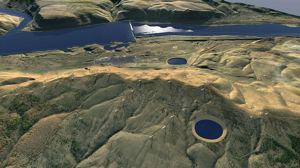 Aerial view of hills in Columbia River reservoir