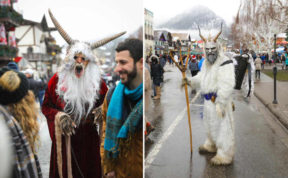 People in frightening Krampus costumes walk through the streets of Leavenworth