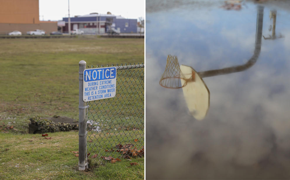 At left, a sign at a playfield reads "Notice: during extreme weather conditions this is a stormwater retention area. At right: a basketball hoop is reflected in a pool of water