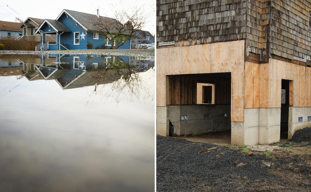 Left: Standing water reflects homes along the Wishkah River in Aberdeen. Right: A home in Aberdeen is raised up a story to accommodate for potential flooding.