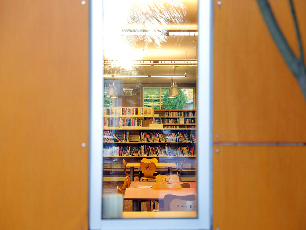 looking through window of a library onto shelves and furniture