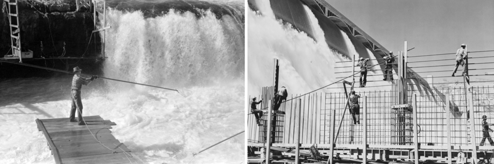 Two photos: 1) Historical photo of an Indigenous person fishing from a platform over a river, 2) Historical photo of seven construction workers climb scaffolding and place structural poles