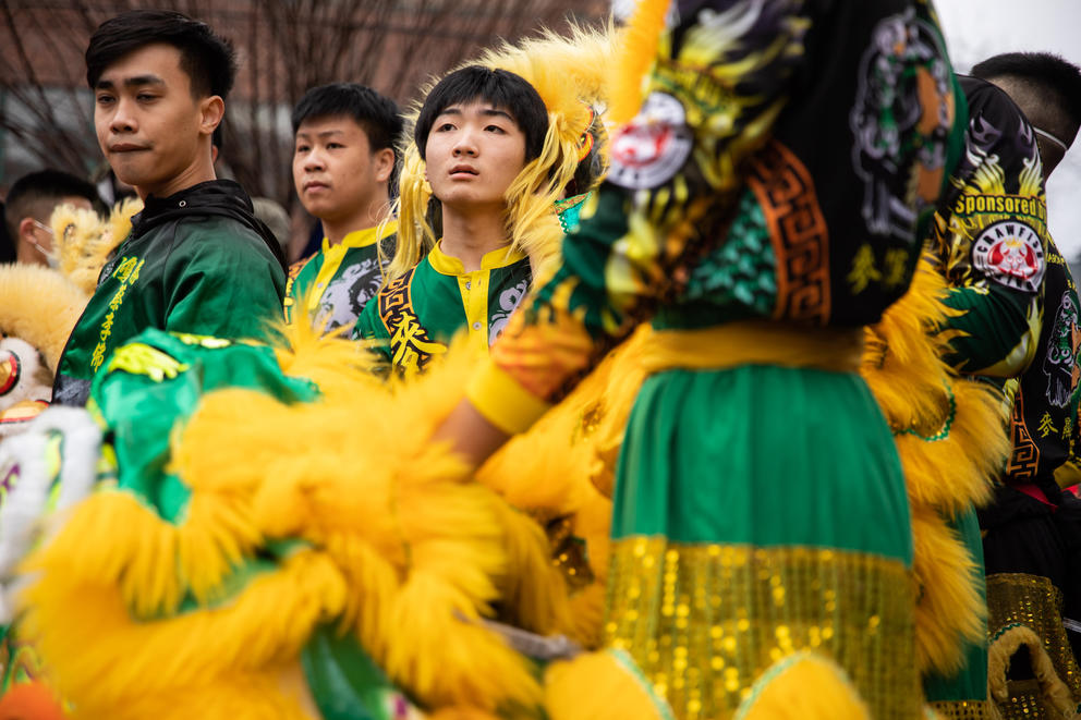 Lion dance performers are dressed in yellow and green costumes