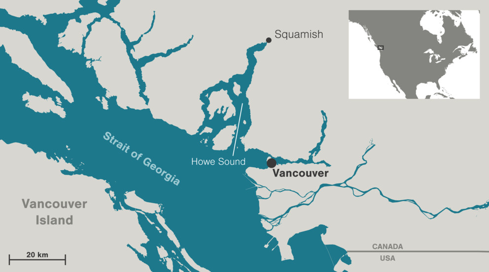 A map pointing to Howe Sound, which sits northwest of Vancouver, BC