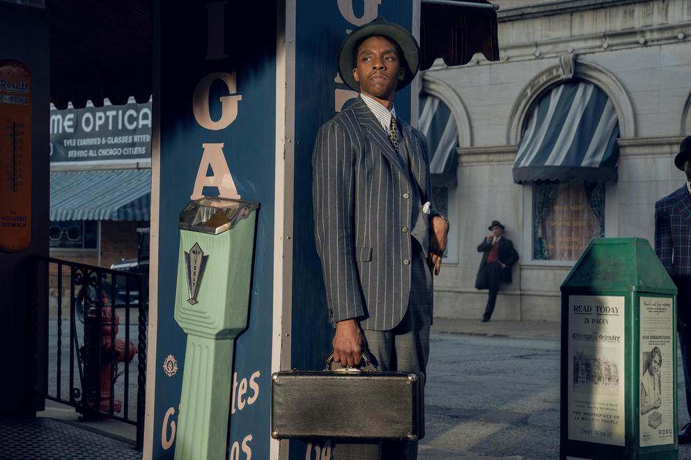 actor Chadwick Boseman in suit on set of the film Ma Rainey's Black Bottom