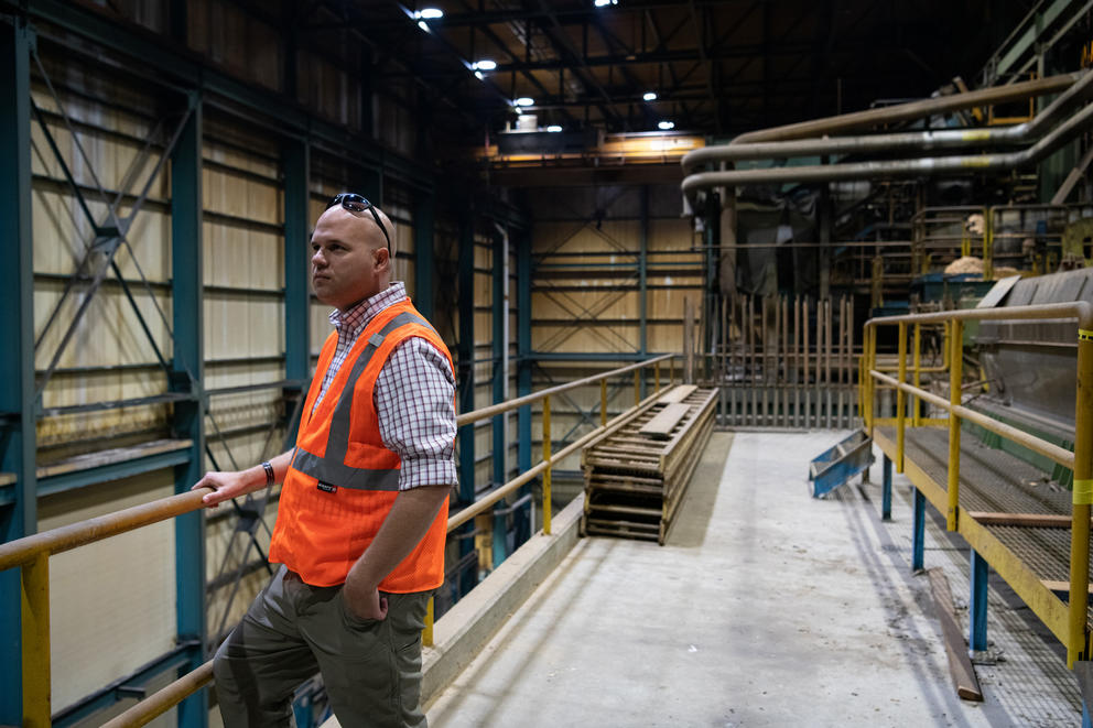 Monty Stahl in the interior of the Ponderay Newsprint Company at the Merkle Standard cryptocurrency mining facility