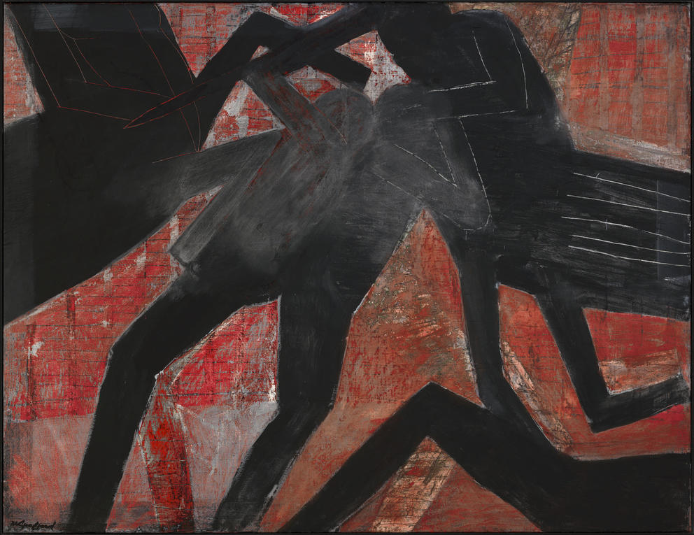 an oil painting with a red background and abstracted black figures engaged in a battle
