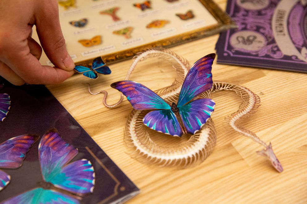 paper blue butterfly with iridescent wings on top of a paper snake skeleton