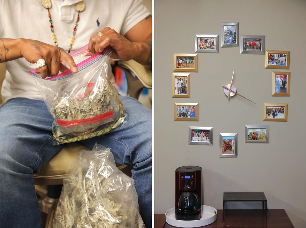 Left: Osceola Fortner fills a bag with sage, sweetgrass, lavender, bitter root, cedar and other Native medicines as a care package for a client. Right: Photos from each of Washington’s 12 prisons form a clock on the wall at the HEAL