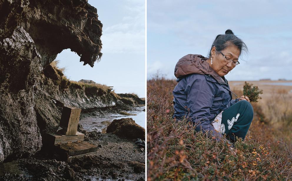 Two photos — Left: A piece of wood beneath rocks on the beach. Right: A Newtok elder kneels down to gather plants