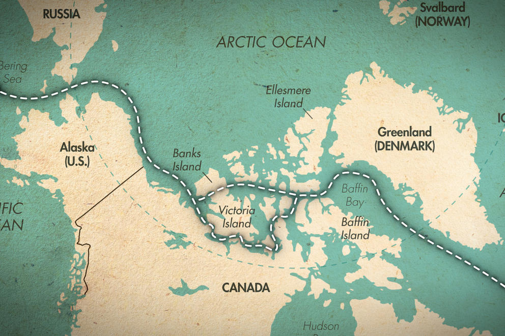 A map showing a route through the Arctic from the North Atlantic to the Pacific.