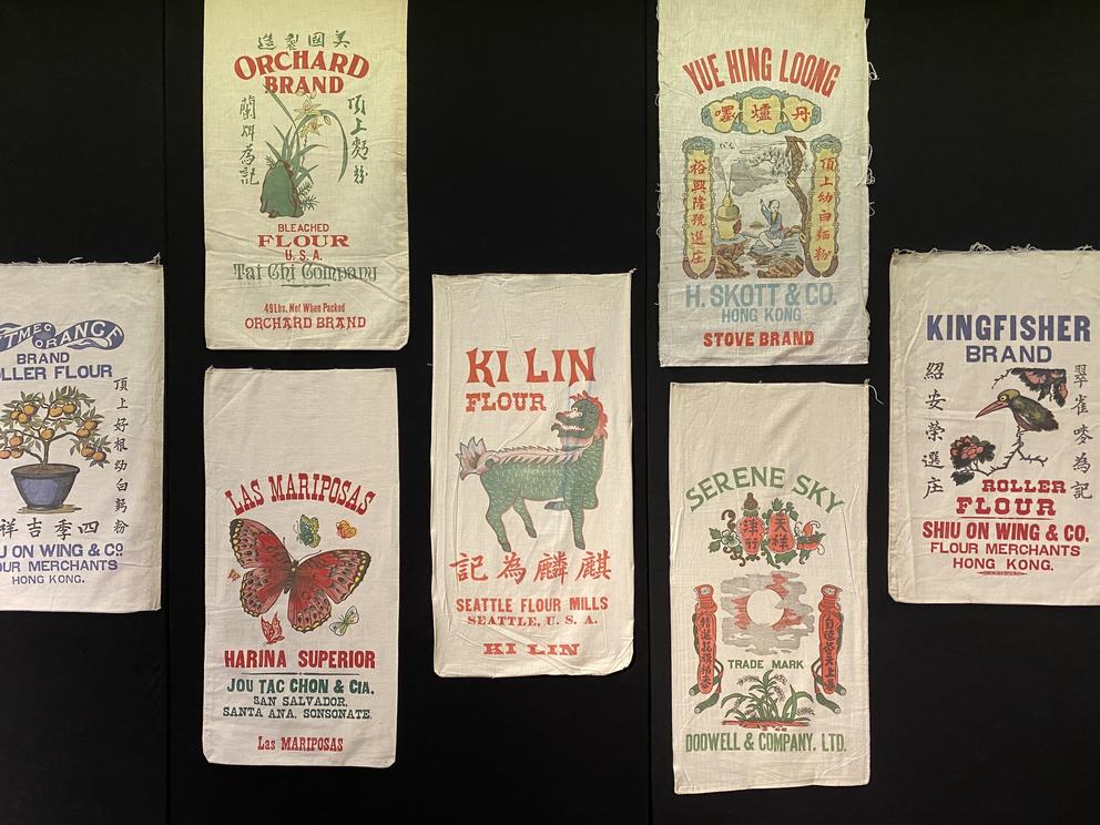 vintage flour sacks from Spokane flour mills featuring designs based on where the product would be exported 