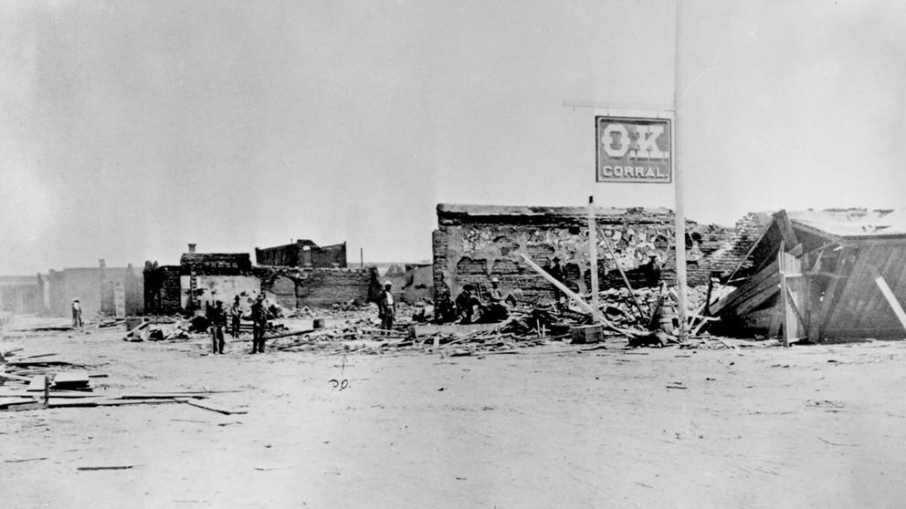 An old image of the O.K. Corral after a fire.