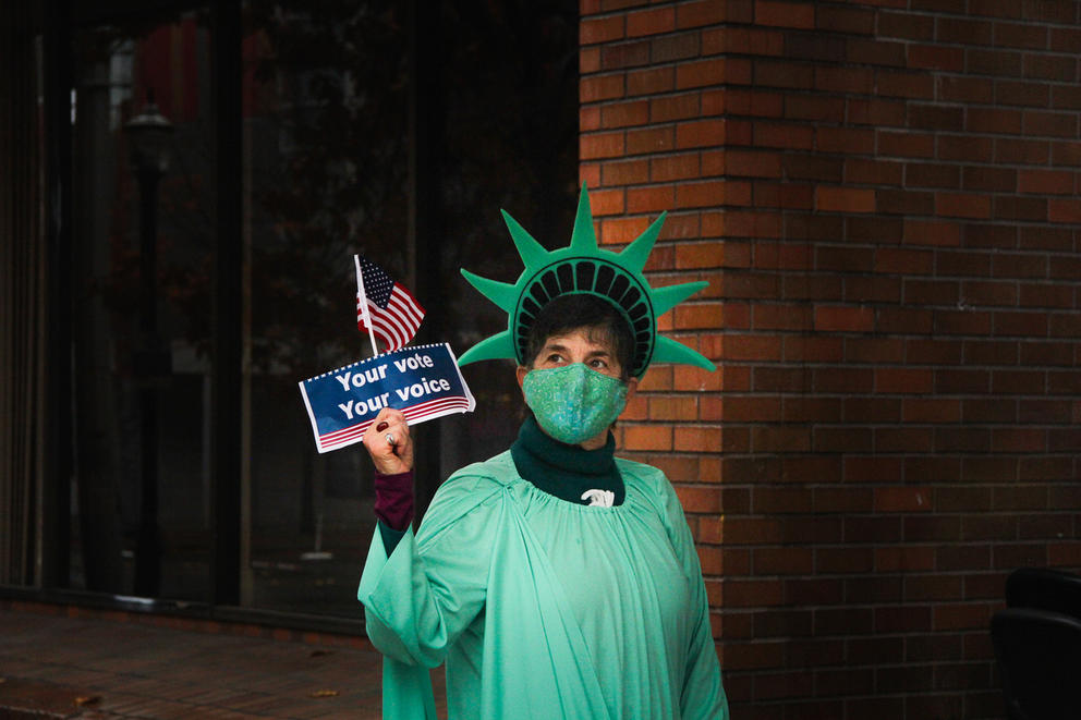 Patti Gorman, dressed as "Lady Liberty."