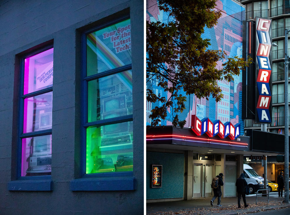 Side-by-side photos, left: a window shows colorful lighting, to the right: the facade of the Cinerama is lit up in a darkening cityscape