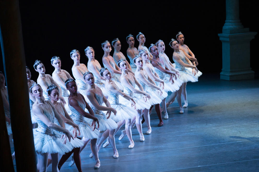 a row of ballet dancers on stage in white tutus
